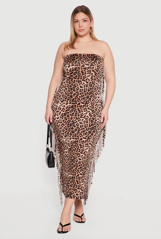 Plus Size Leopard Print Tube Dress with Side Fringe made by Rainbow