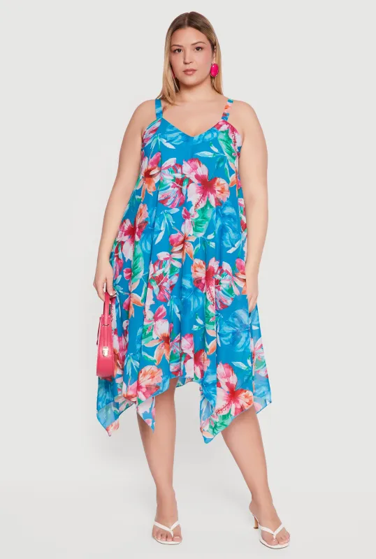 Plus Size Tropical Floral Print Sleeveless Midi Dress made by Rainbow