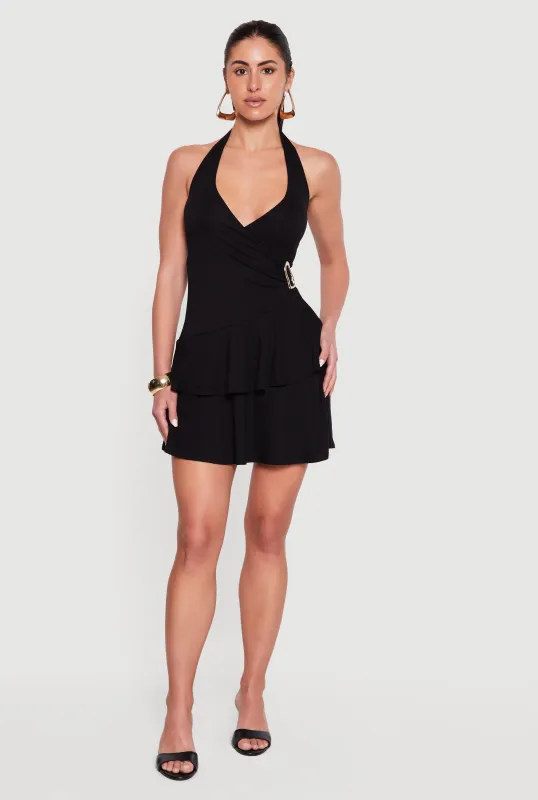 Faux Wrap Halter Mini Dress with Metallic Detail made by Almost Famous