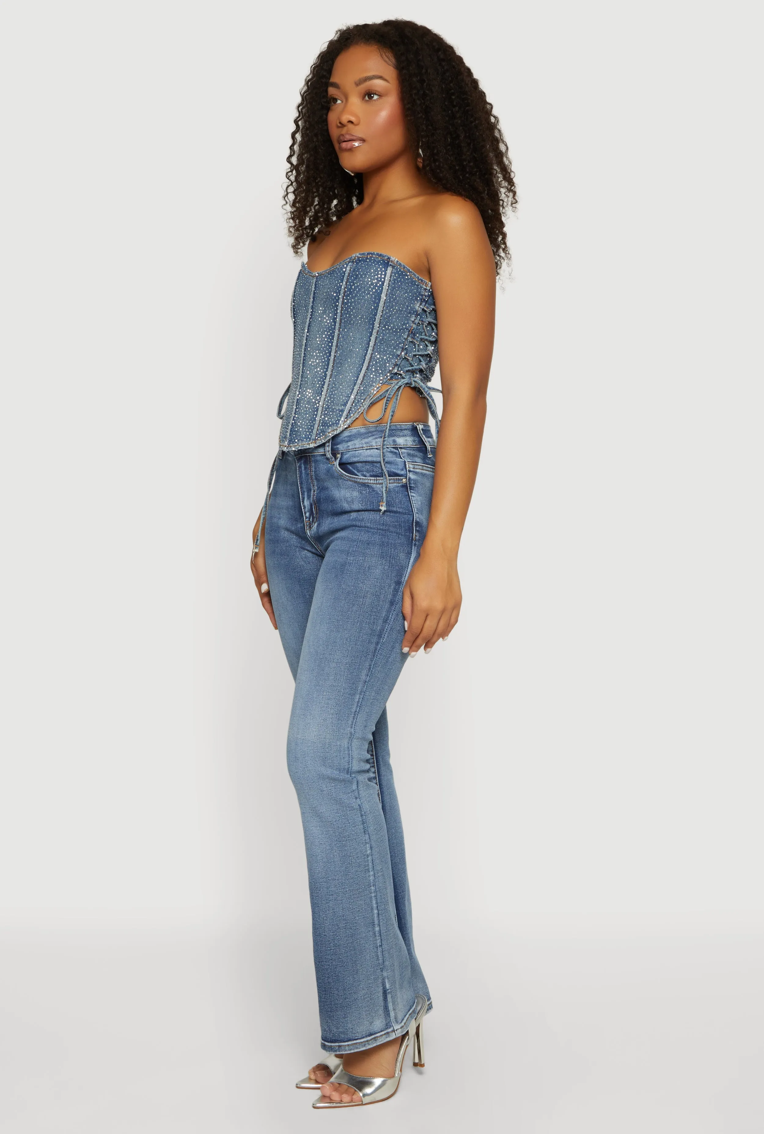 Rhinestone Denim Side Lace Up Corset Crop Top sold by Rainbow product image thumbnail 3