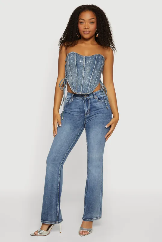Rhinestone Denim Side Lace Up Corset Crop Top made by Daisy