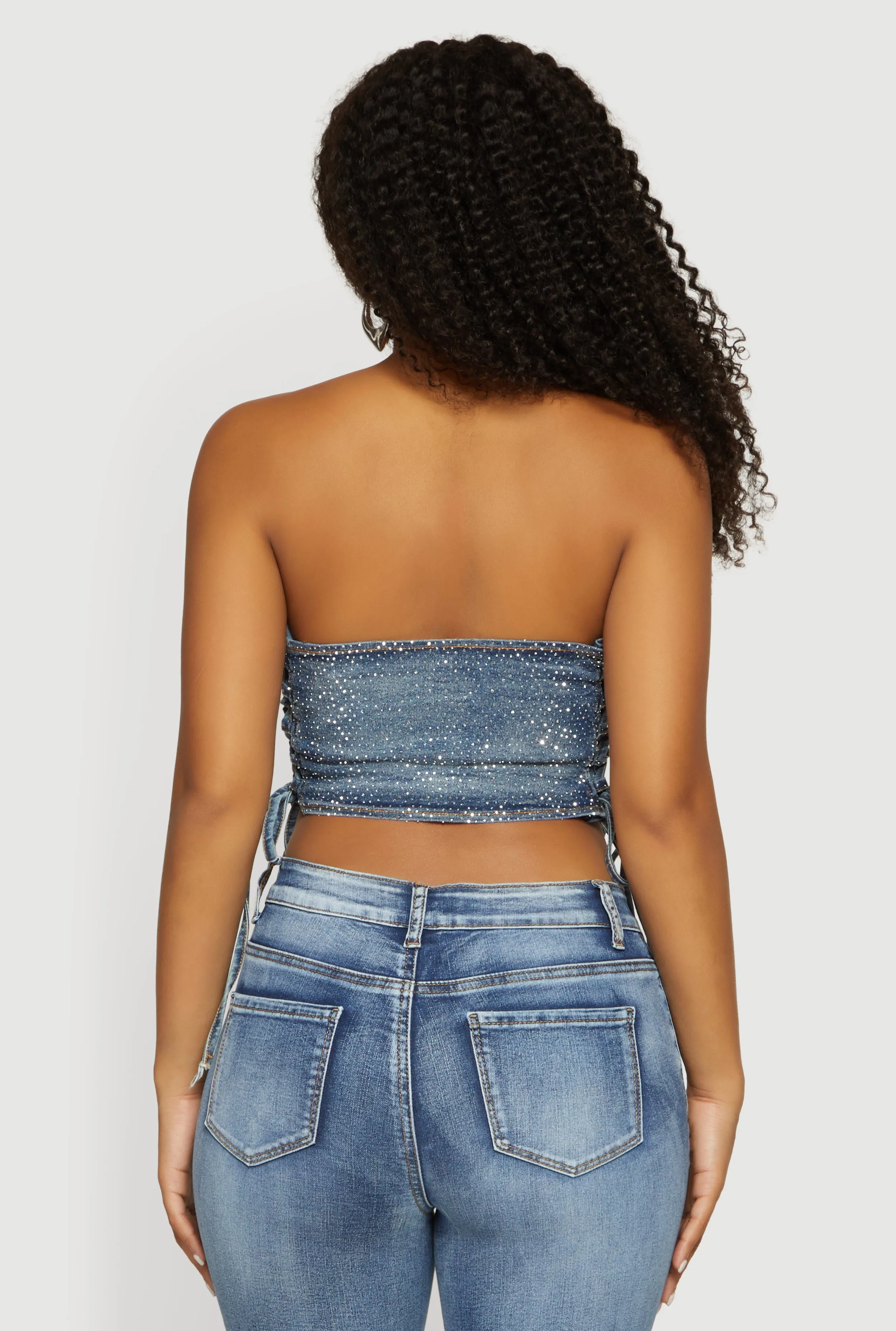 Rhinestone Denim Side Lace Up Corset Crop Top sold by Rainbow product image thumbnail 5