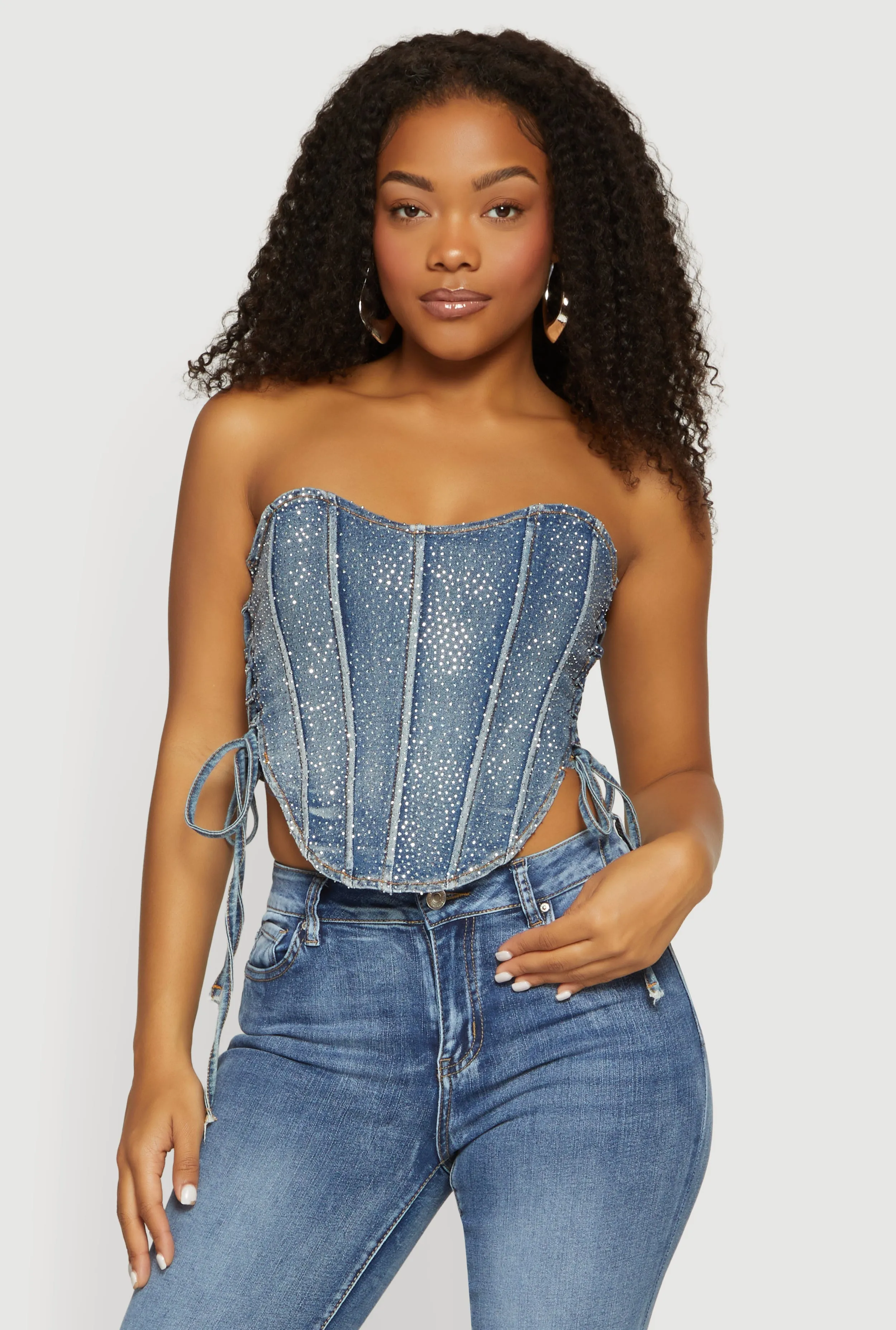 Rhinestone Denim Side Lace Up Corset Crop Top sold by Rainbow product image thumbnail 2