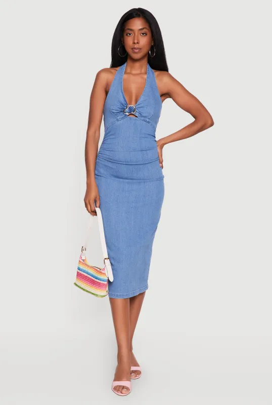 Metallic Keyhole Halter Neck Denim Dress made by Haute Monde