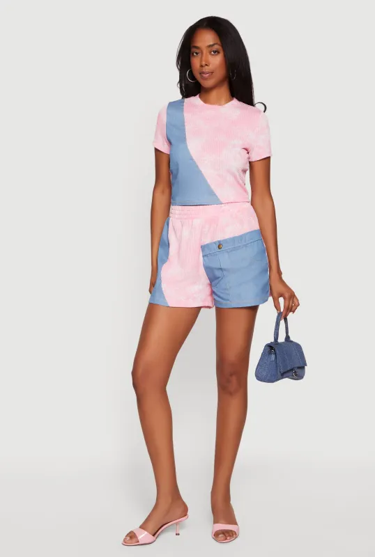 Ribbed Knit Acid Wash Shorts with Chambray Detail made by Rainbow