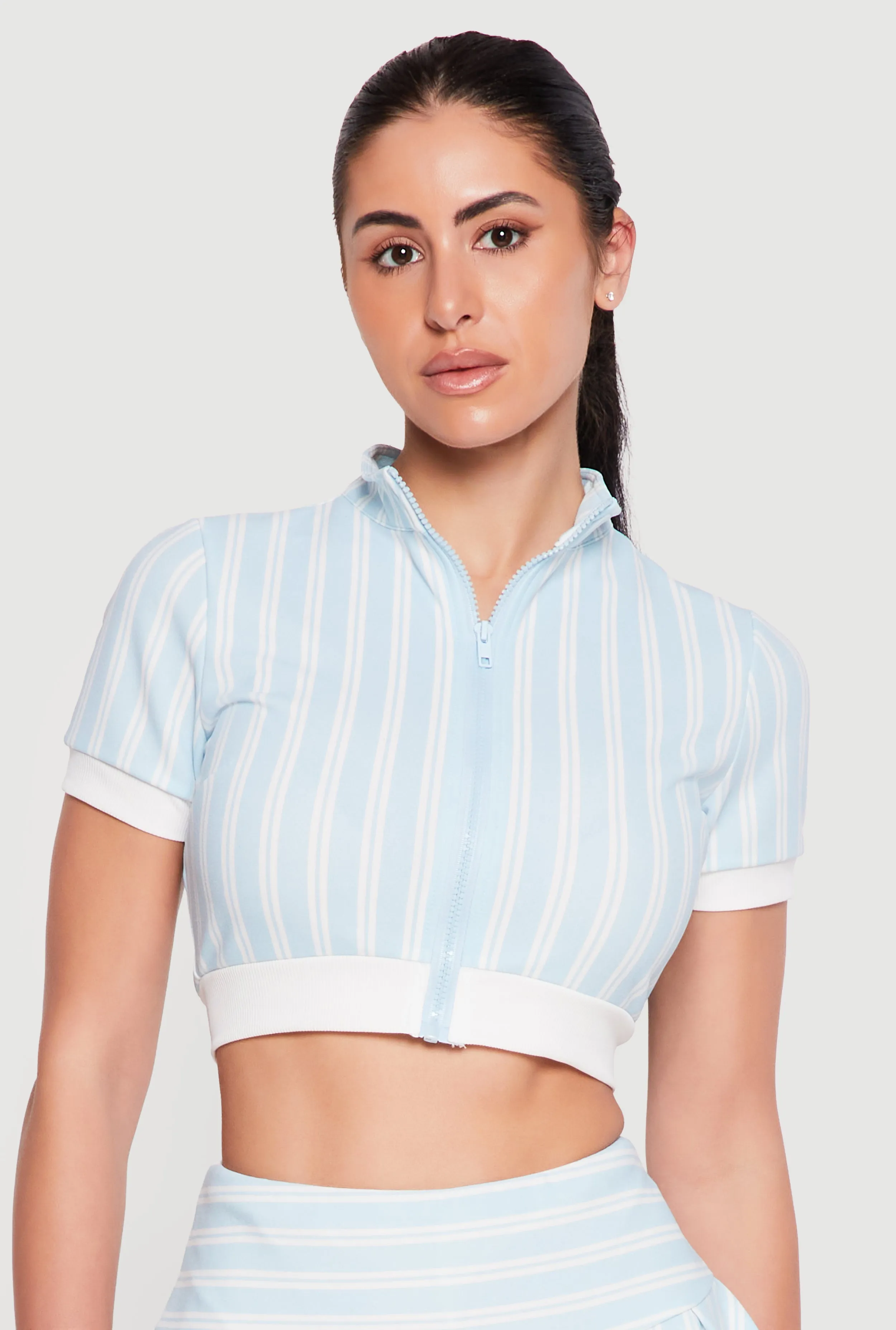 Contrast Trim Striped Zip Front Crop Top sold by Rainbow product image thumbnail 2