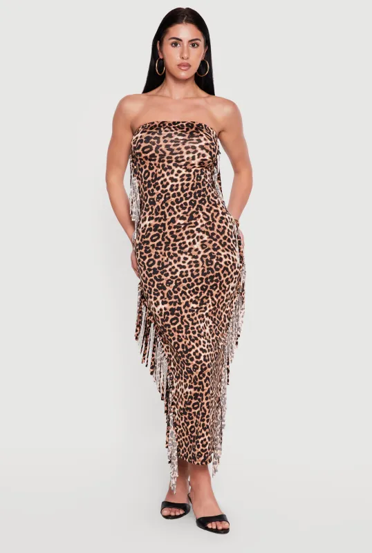 Leopard Print Tube Dress with Side Fringe made by Rainbow