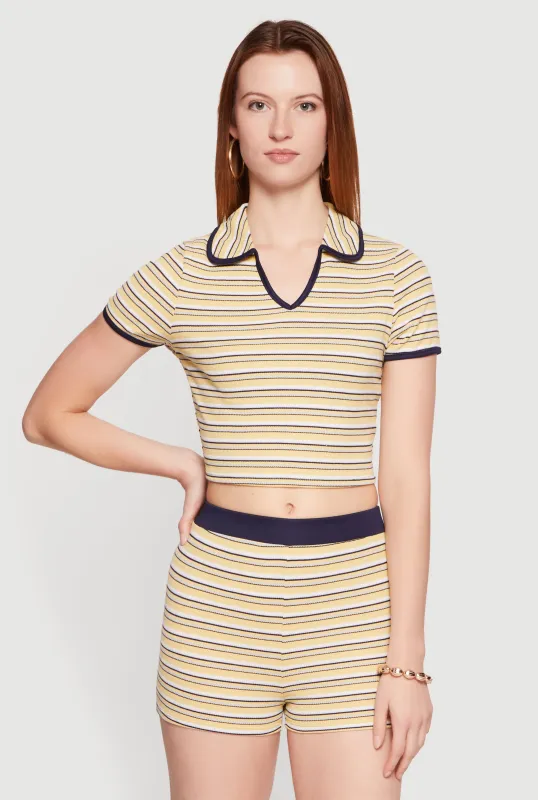 Striped Ribbed Knit Cropped Polo Top made by Rainbow