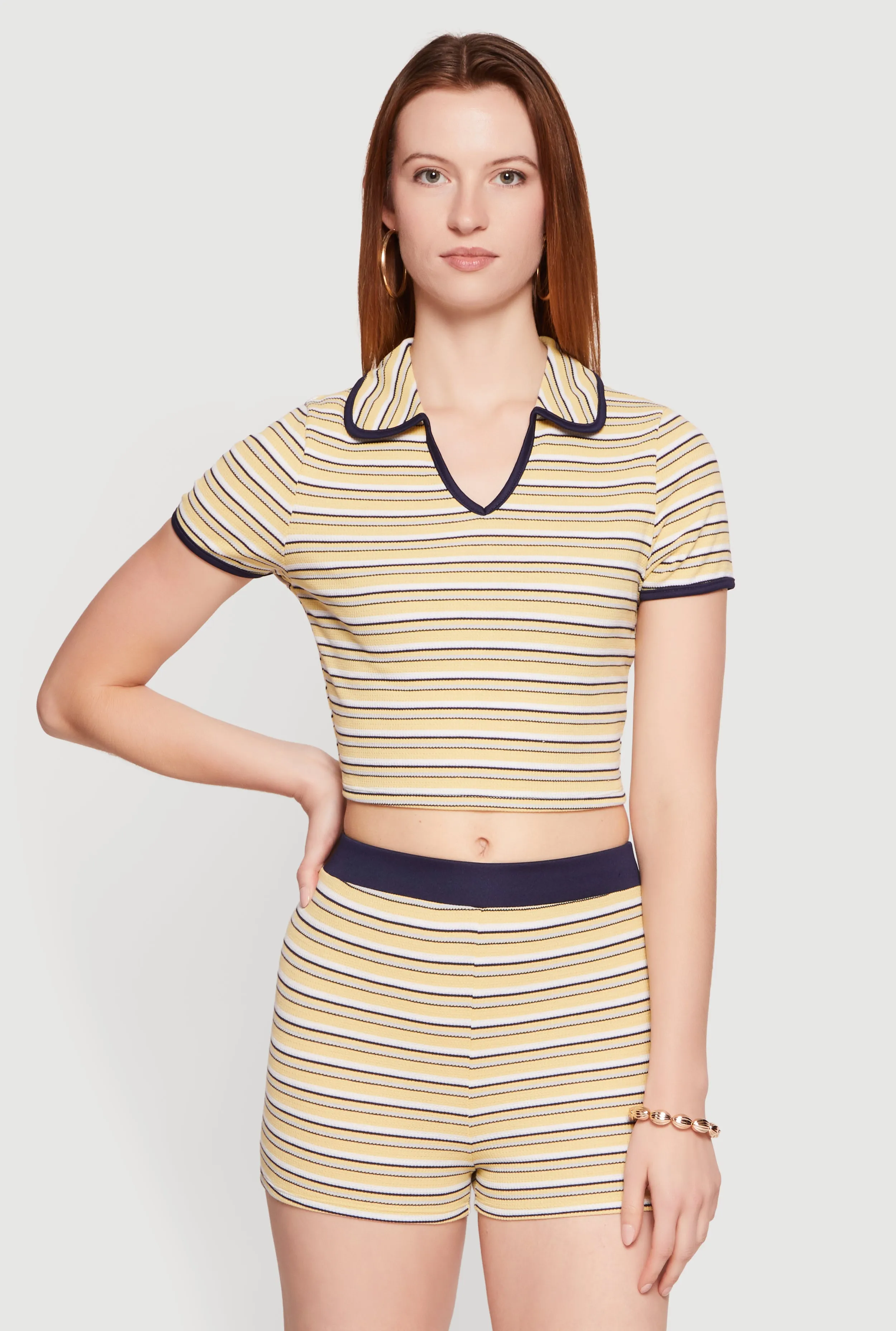 Striped Ribbed Knit Cropped Polo Top sold by Rainbow