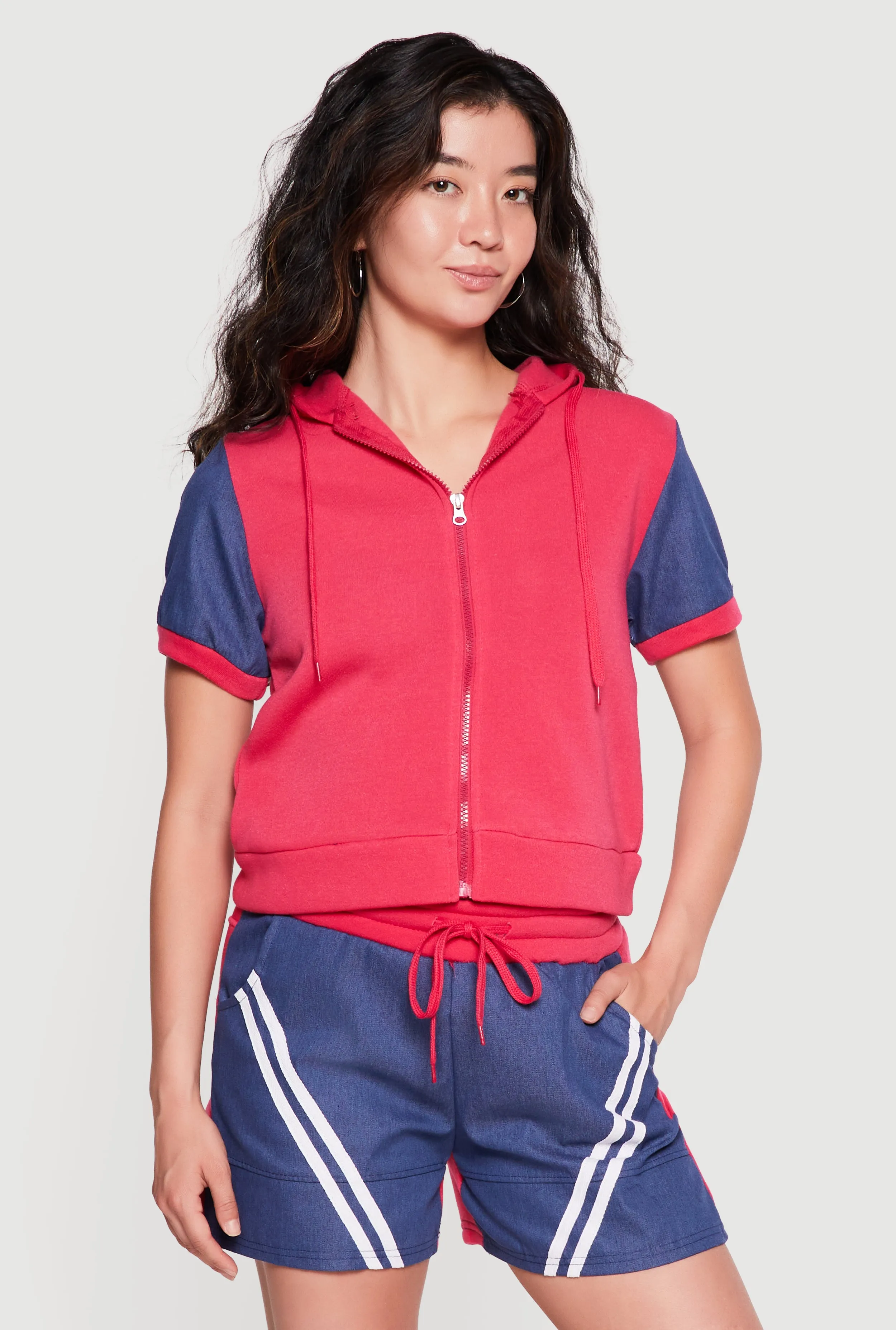 Chambray Sleeve Detail Zip Front Hooded Sweatshirt sold by Rainbow