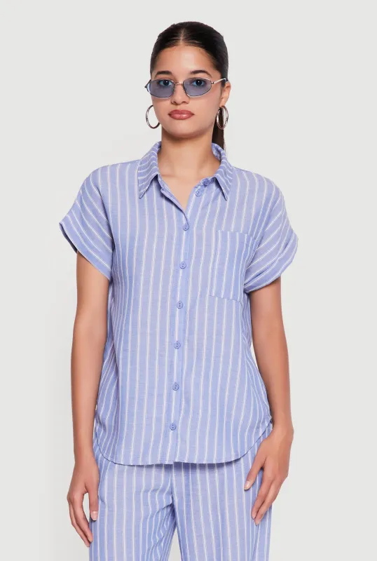 Pinstripe Button Front Short Sleeve Shirt made by Rainbow