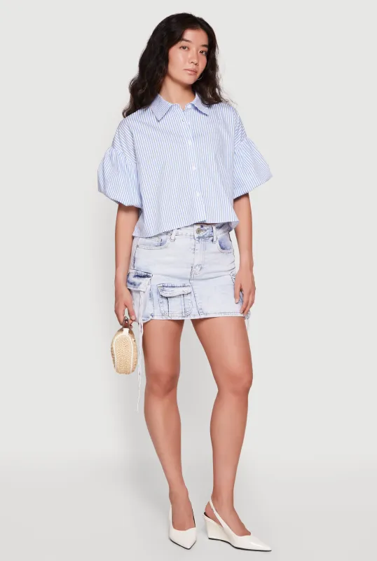 Striped Bubble Sleeve Cropped Button Front Shirt made by Rainbow