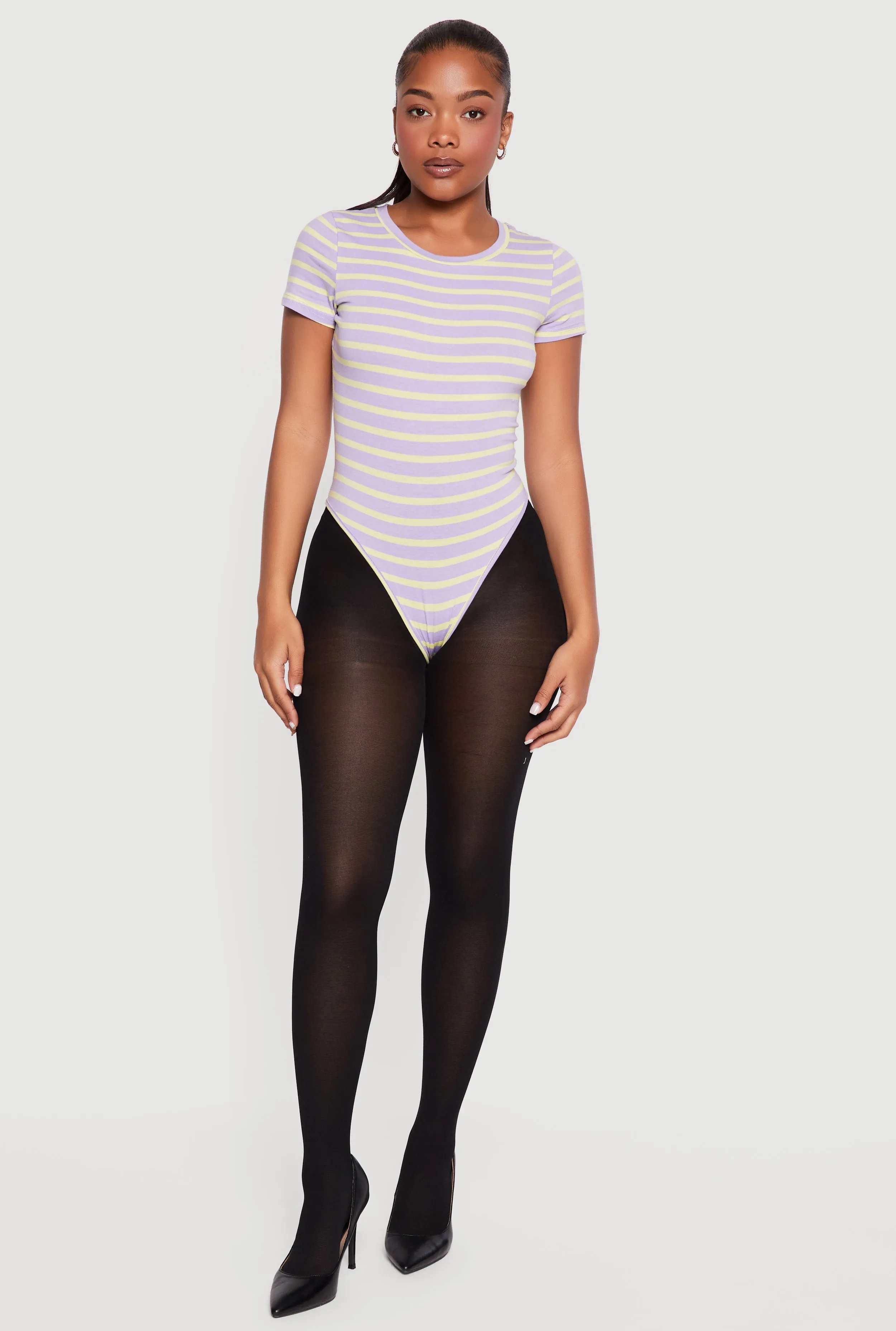 Striped Short Sleeve Crew Neck Bodysuit sold by Rainbow