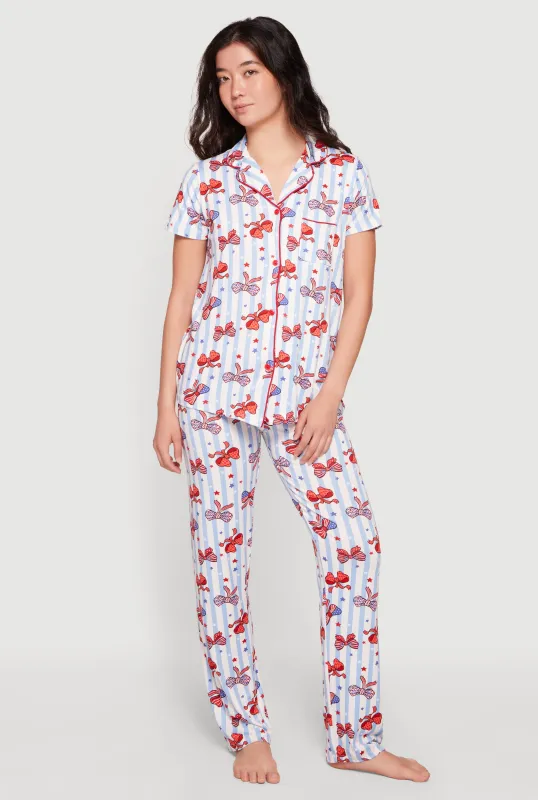 Striped Americana Bow Print Pajama Top and Lounge Pants made by Rainbow
