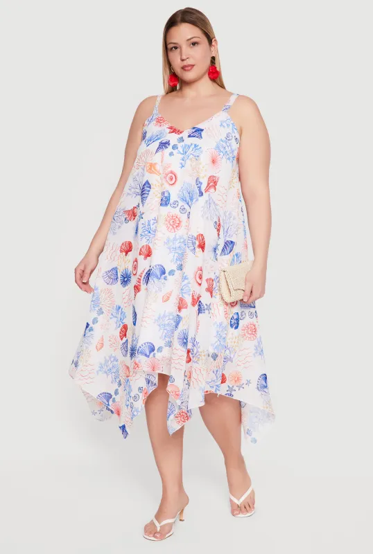 Plus Size Seashell Patterned Sharkbite Hem Dress made by Rainbow