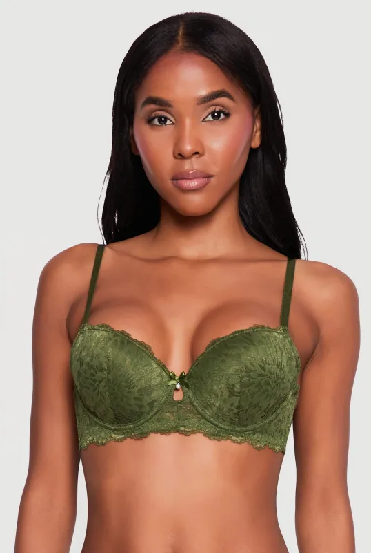 Pearled Bow Keyhole Detail Scalloped Lace Plunge Bra made by Rainbow