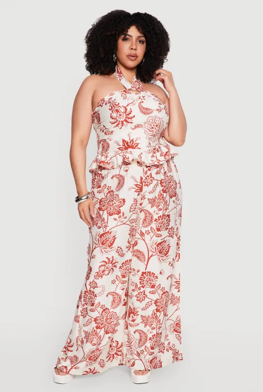 Plus Size Printed Pattern Wide Leg Casual Pants made by Rainbow