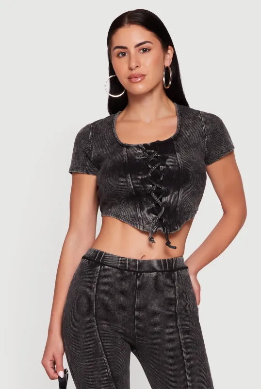 Acid Wash Ribbed Lace Up Front Crop Top made by Rainbow