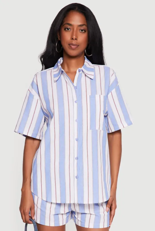 Striped Button Front Short Sleeve Shirt made by Rainbow