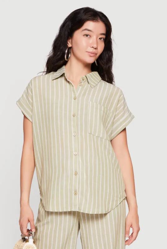 Pinstripe Button Front Short Sleeve Shirt made by Rainbow