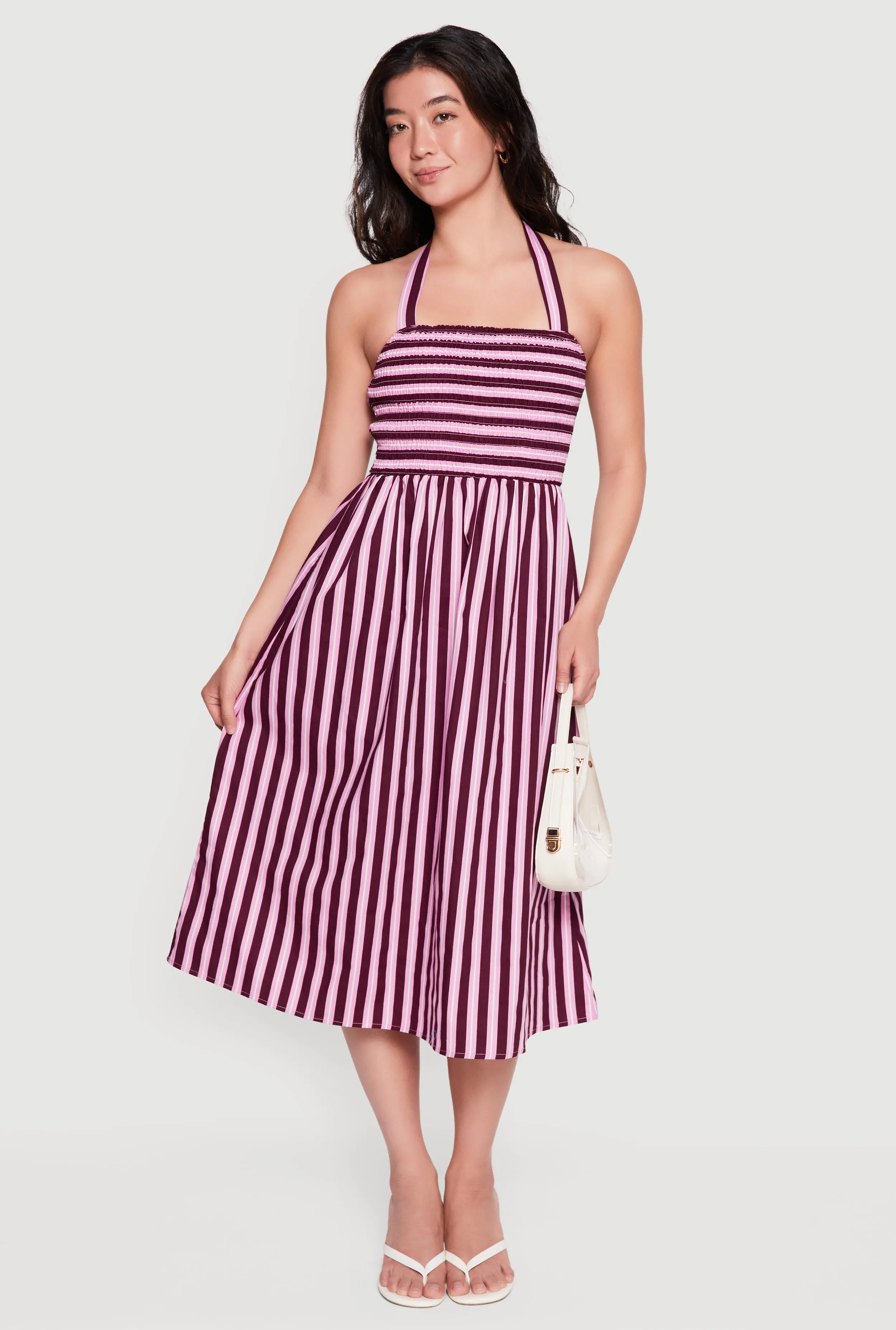 Striped Smocked Halter Midi Dress sold by Rainbow
