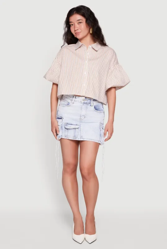 Striped Bubble Sleeve Cropped Button Front Shirt made by Rainbow