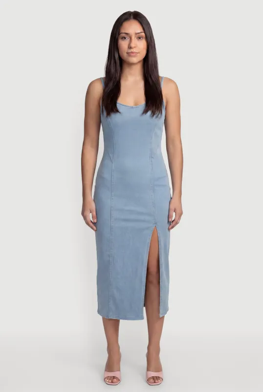 Sleeveless Zip Back Denim Dress with Side Slit made by Haute Monde