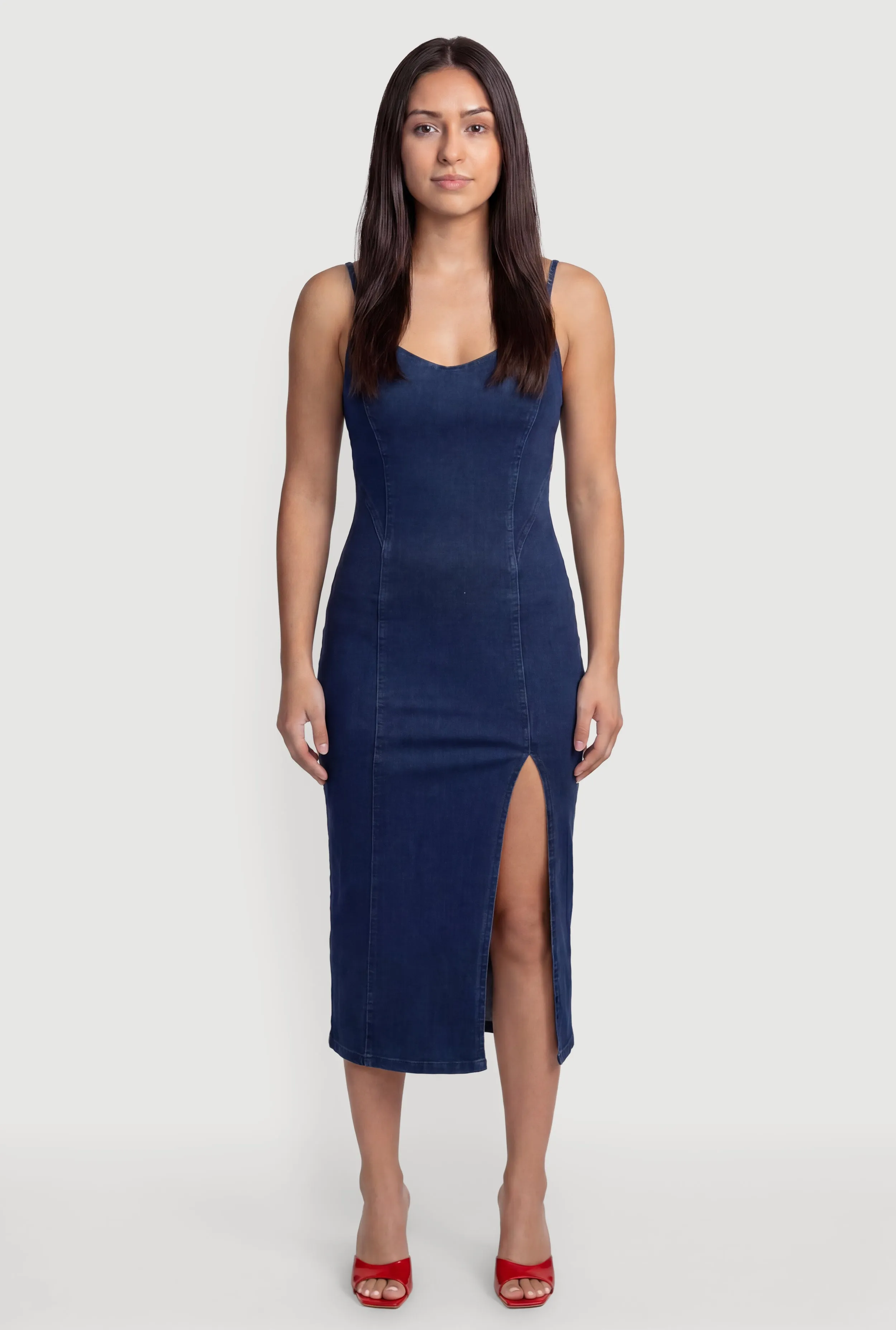 Sleeveless Zip Back Denim Dress with Side Slit sold by Rainbow product image thumbnail 4