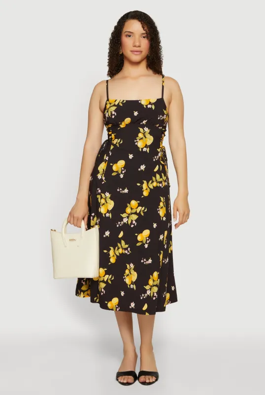 Lemon Print Lace Up Sides Midi Dress made by Rainbow