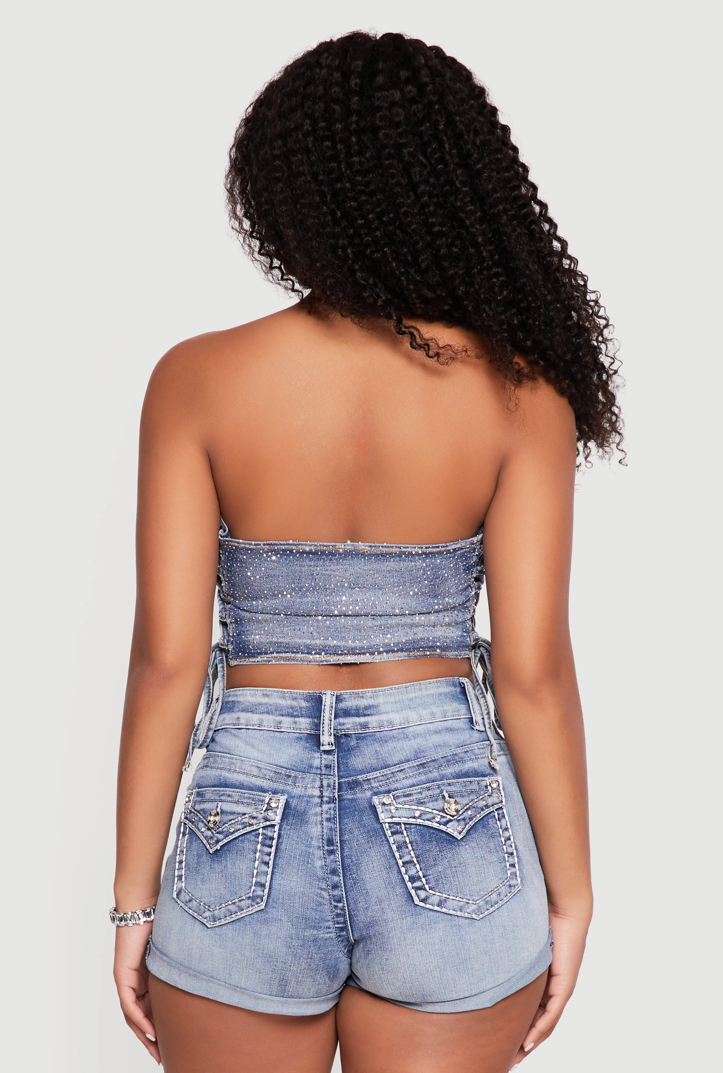 Rhinestone Denim Side Lace Up Corset Crop Top sold by Rainbow product image thumbnail 5
