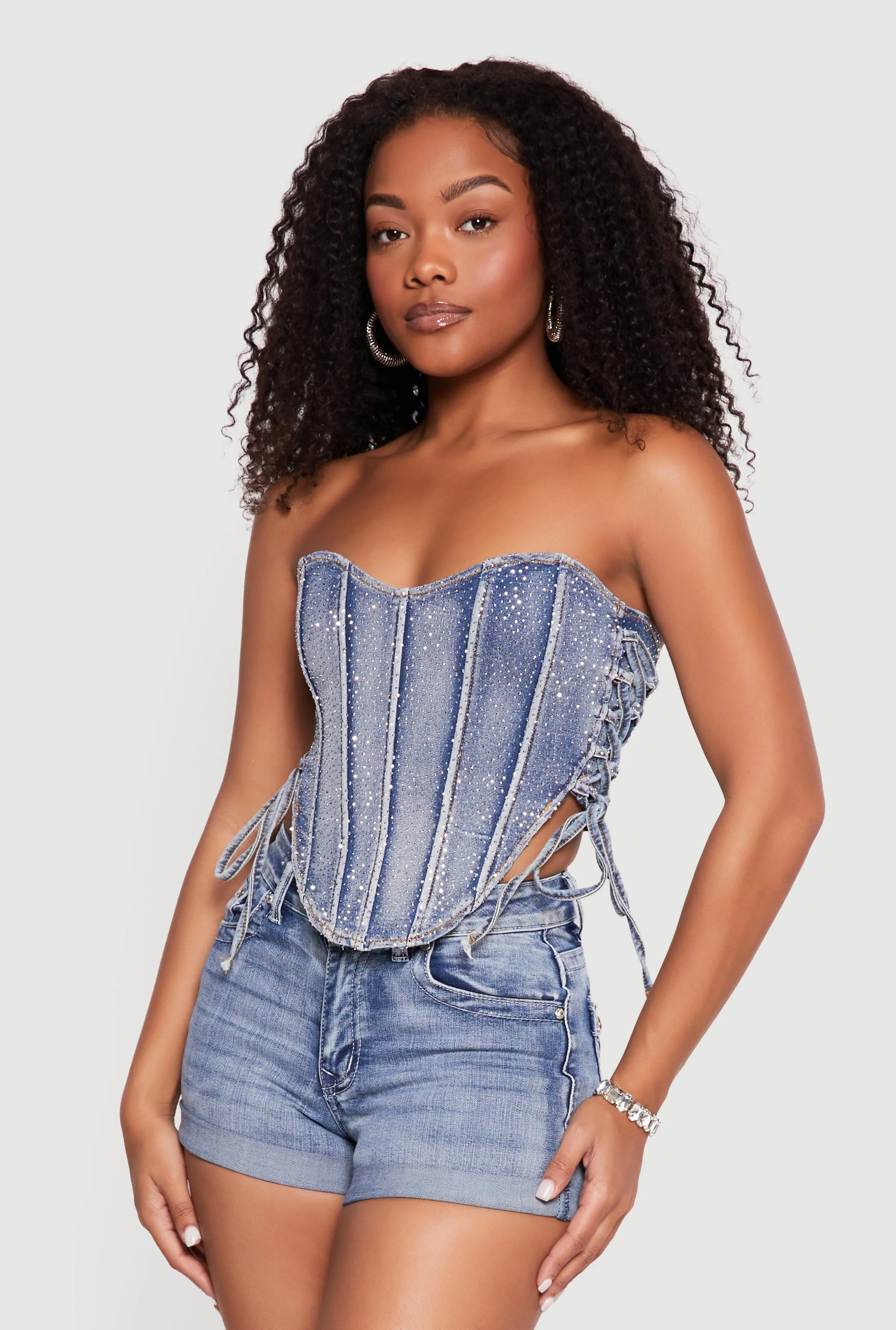 Rhinestone Denim Side Lace Up Corset Crop Top sold by Rainbow product image thumbnail 2