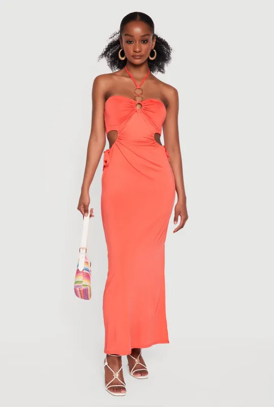 Cutout Detail O Ring Halter Maxi Dress made by Rainbow