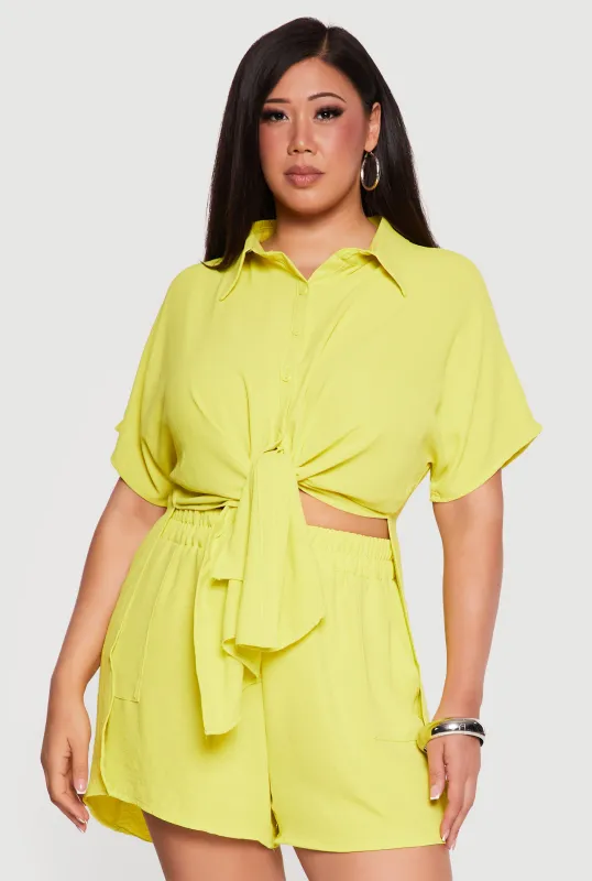 Plus Size Crepe Knit High Low Tie Front Shirt made by Rainbow
