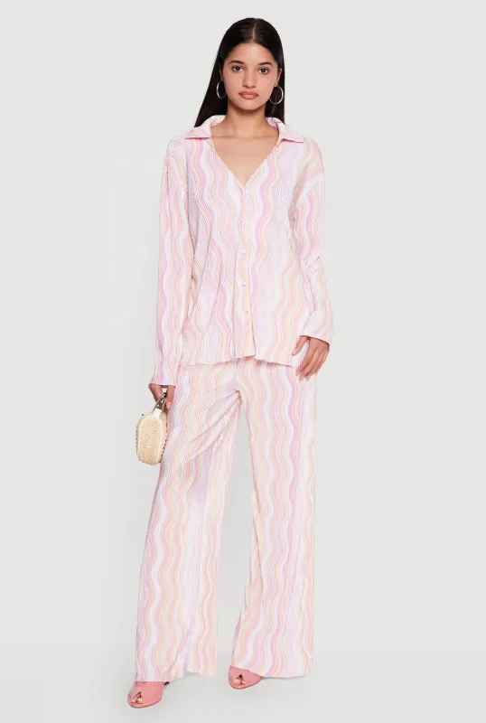Plisse Wavy Stripe High Waisted Pull On Pants made by Almost Famous