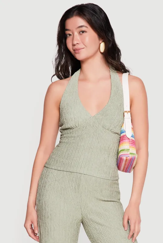 Textured Knit Button Back Keyhole Halter Top made by Rainbow