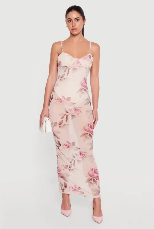 Floral Mesh Bustier Maxi Dress with Built-In Bodysuit made by Almost Famous