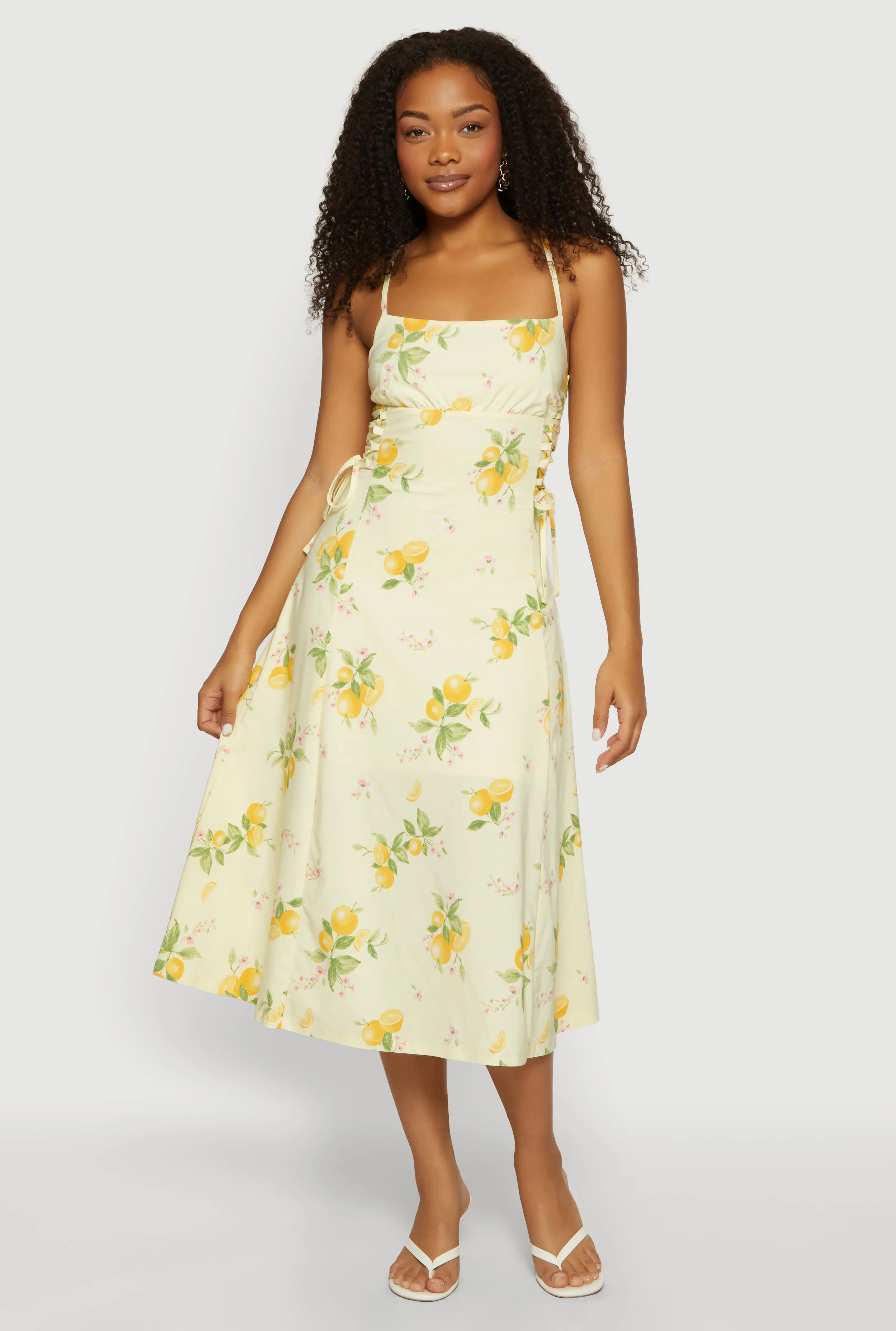 Lemon Print Lace Up Sides Midi Dress sold by Rainbow