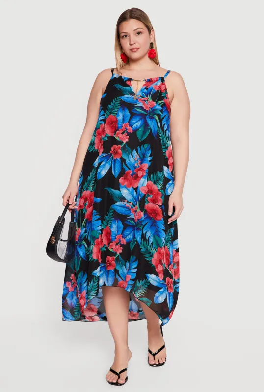 Plus Size Tropical Floral Print Sharkbite Hem Dress made by Rainbow