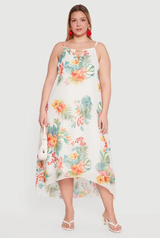 Plus Size Floral Metallic Keyhole Detail High Low Dress made by Rainbow