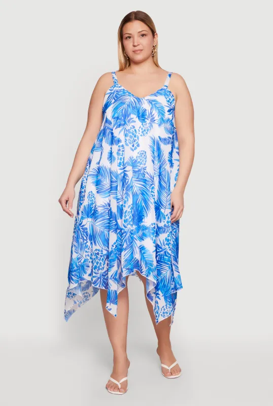 Plus Size Tropical Pineapple Print Sharkbite Hem Midi Dress made by Rainbow