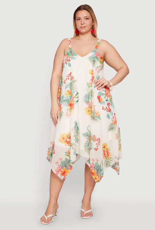 Plus Size Tropical Floral Handkerchief Hem Midi Dress made by Rainbow