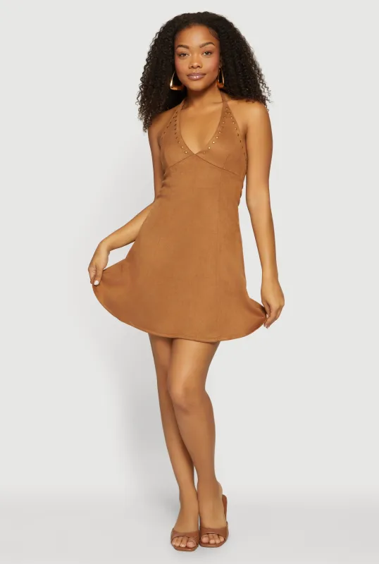 Faux Suede Studded Tie Back Halter Dress made by Madden Girl