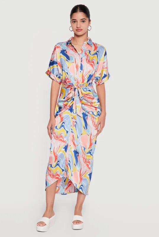 Satin Psychedelic Swirl Tie Waist Belted Shirt Dress made by Rainbow