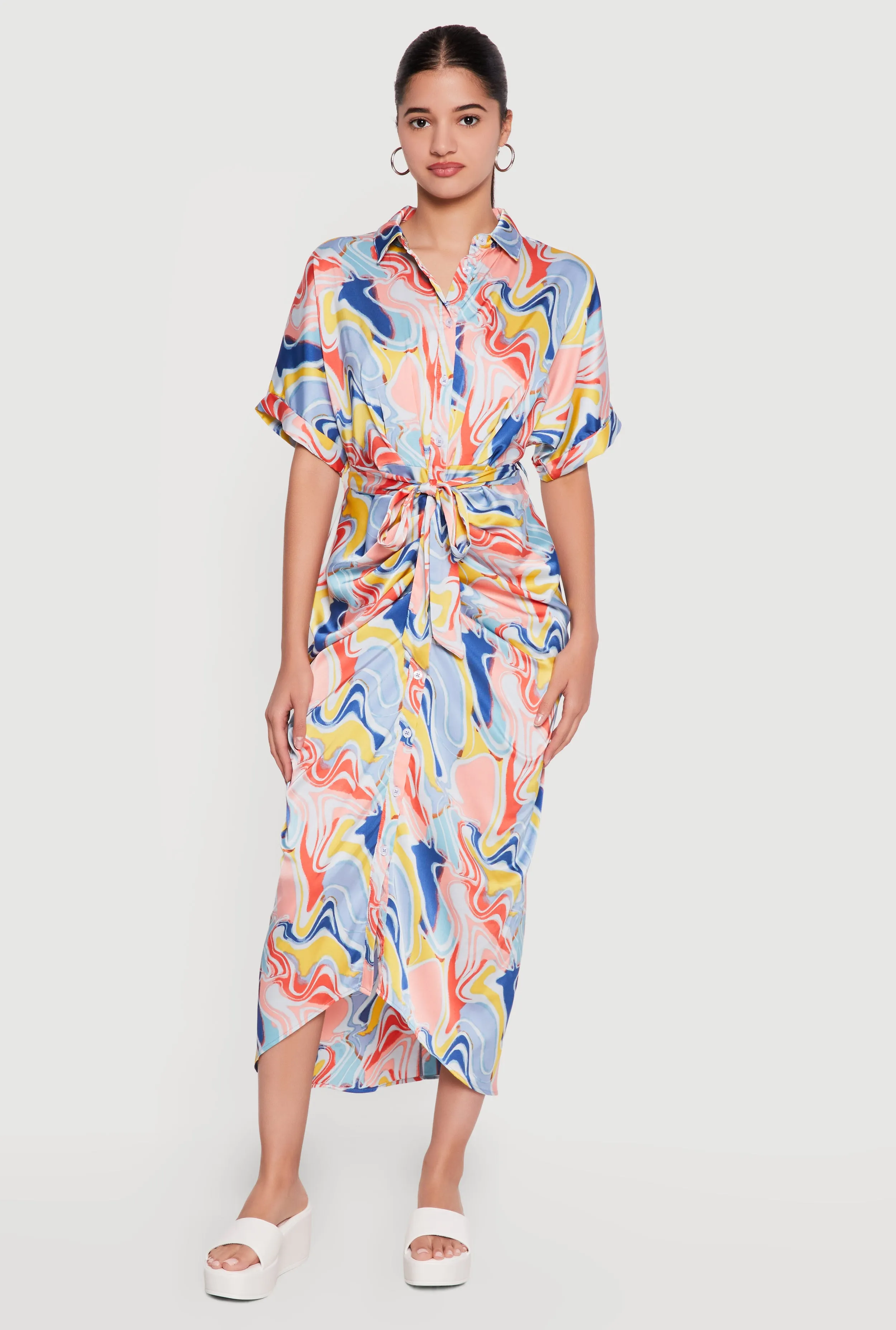 Satin Psychedelic Swirl Tie Waist Belted Shirt Dress sold by Rainbow