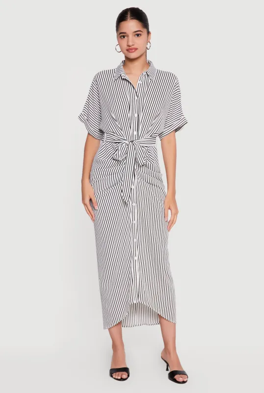 Striped Button Front Shirt Dress with Tie Waist Belt made by Rainbow
