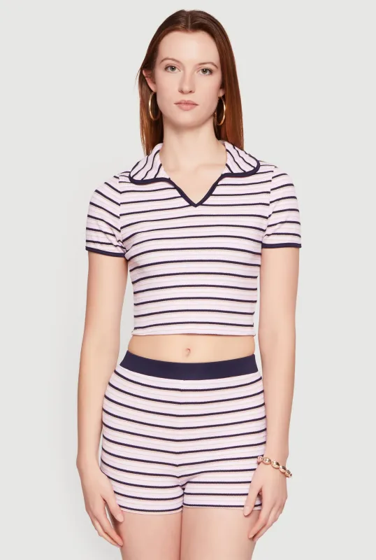 Striped Ribbed Knit Cropped Polo Top made by Rainbow