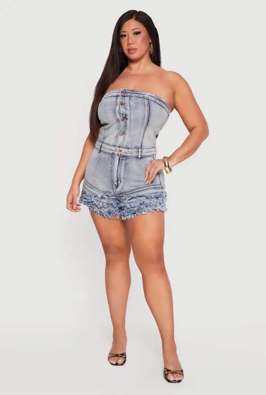 Plus Size Denim Strapless Romper with Tiered Frayed Hem made by Daisy