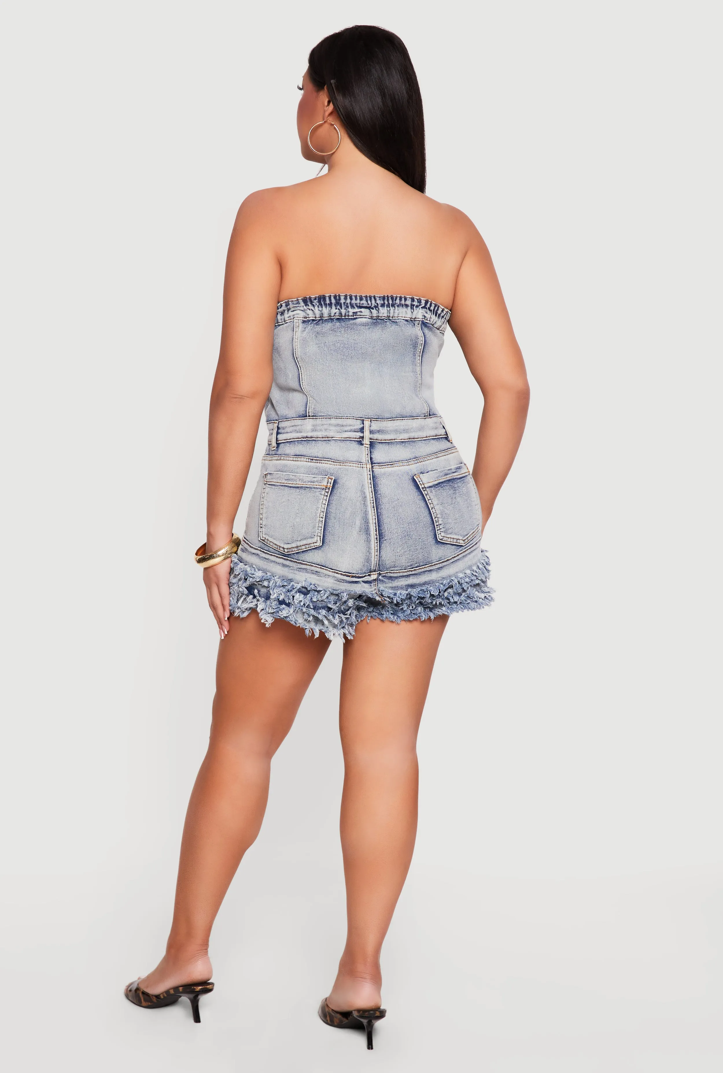 Plus Size Denim Strapless Romper with Tiered Frayed Hem sold by Rainbow product image thumbnail 3