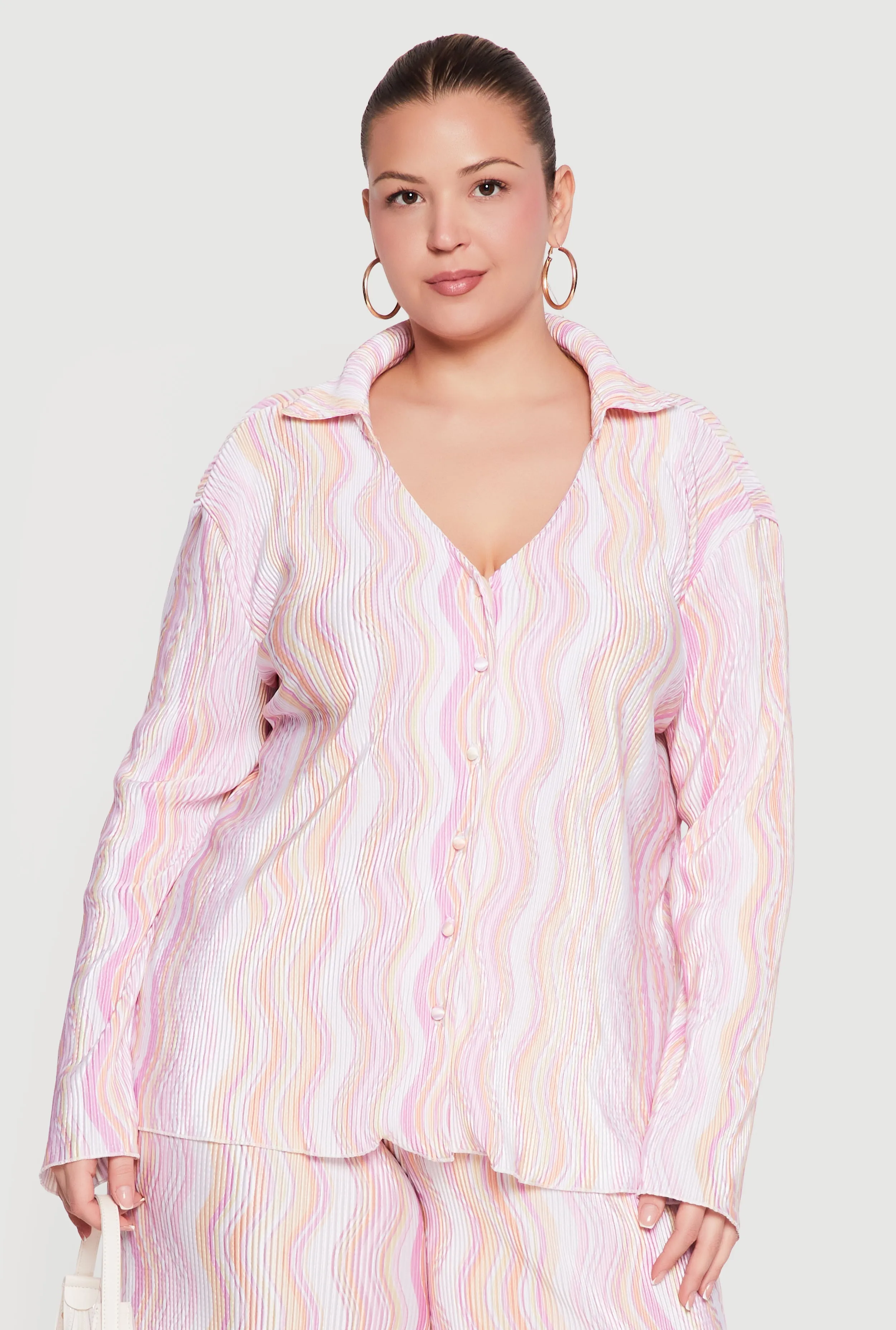 Plus Size Plisse Wavy Stripe Button Front Shirt sold by Rainbow