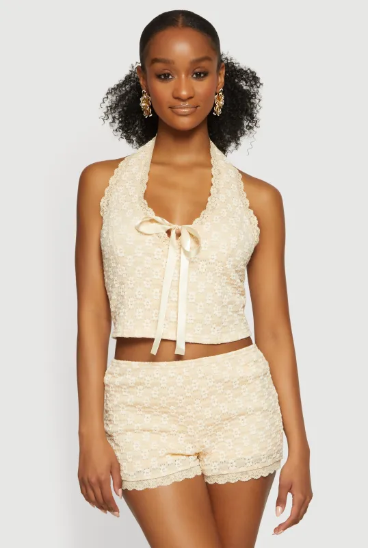 Scalloped Lace Trim Crop Halter Top made by Haute Monde